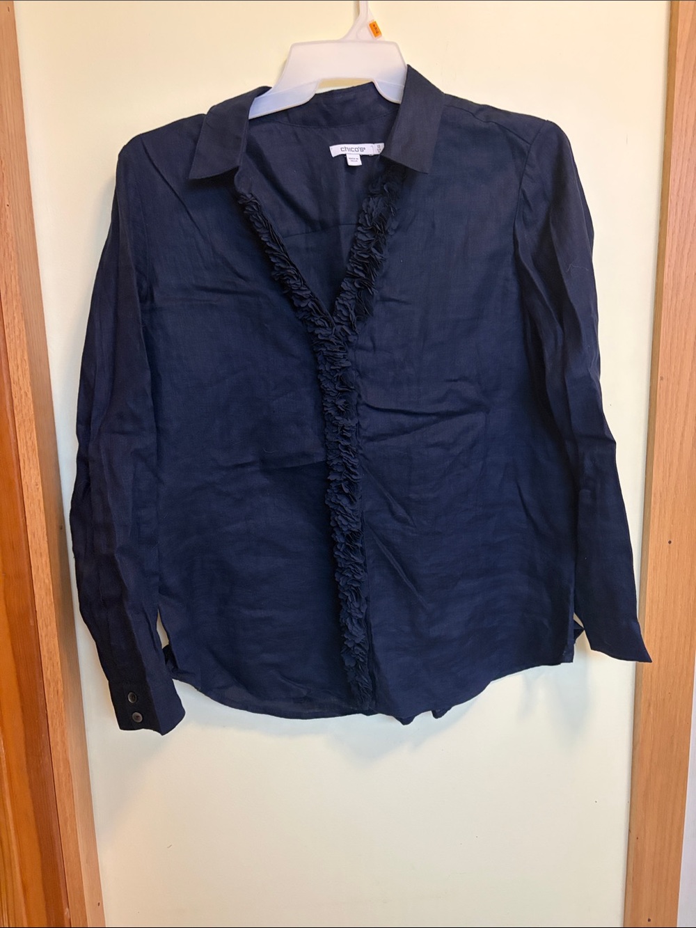 Chico's Navy Ruffled-Front Button Down Shirt
